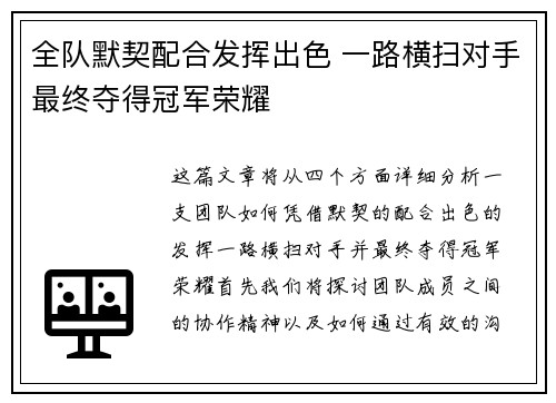 全队默契配合发挥出色 一路横扫对手最终夺得冠军荣耀