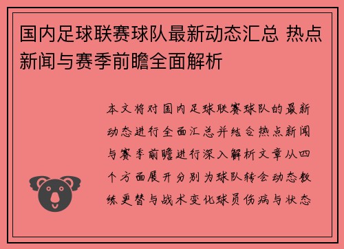 国内足球联赛球队最新动态汇总 热点新闻与赛季前瞻全面解析