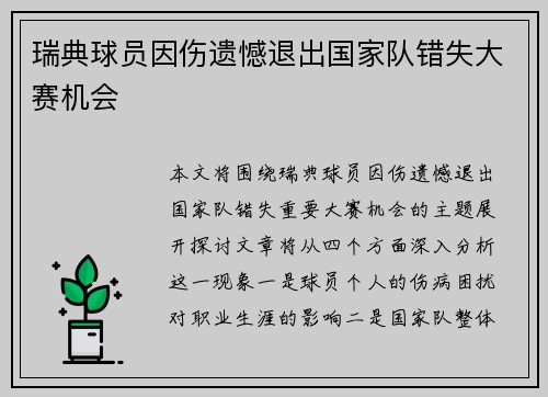 瑞典球员因伤遗憾退出国家队错失大赛机会