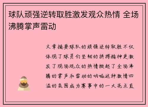 球队顽强逆转取胜激发观众热情 全场沸腾掌声雷动